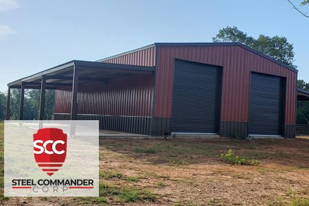 Red and black commercial steel building